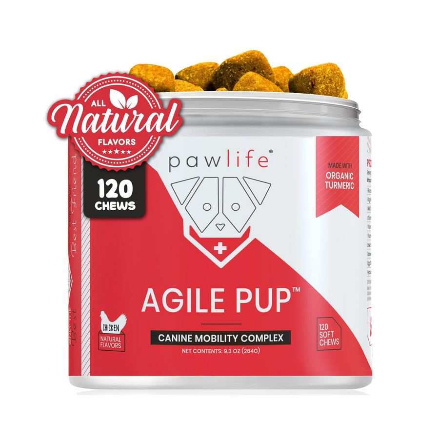 Agile Pup soft chews for dogs with hip and joint pain, supporting mobility and reducing inflammation. Canine Mobility Chews