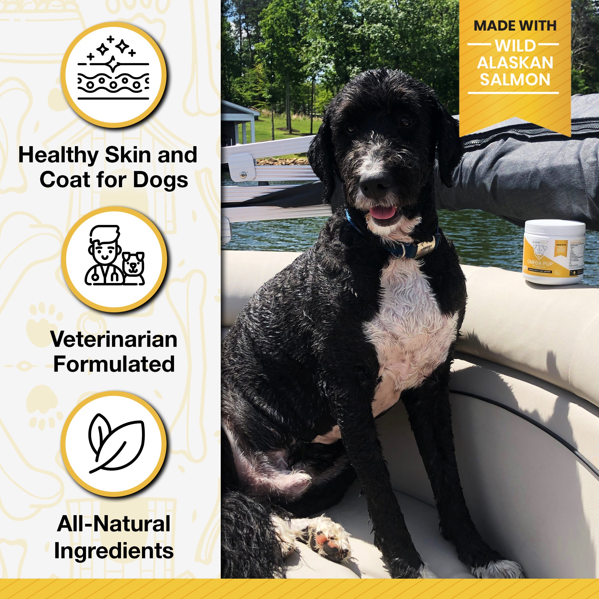 Omega Pup with Wild Alaskan Salmon supports healthy skin, shiny coat, veterinarian formulated, all-natural ingredients.