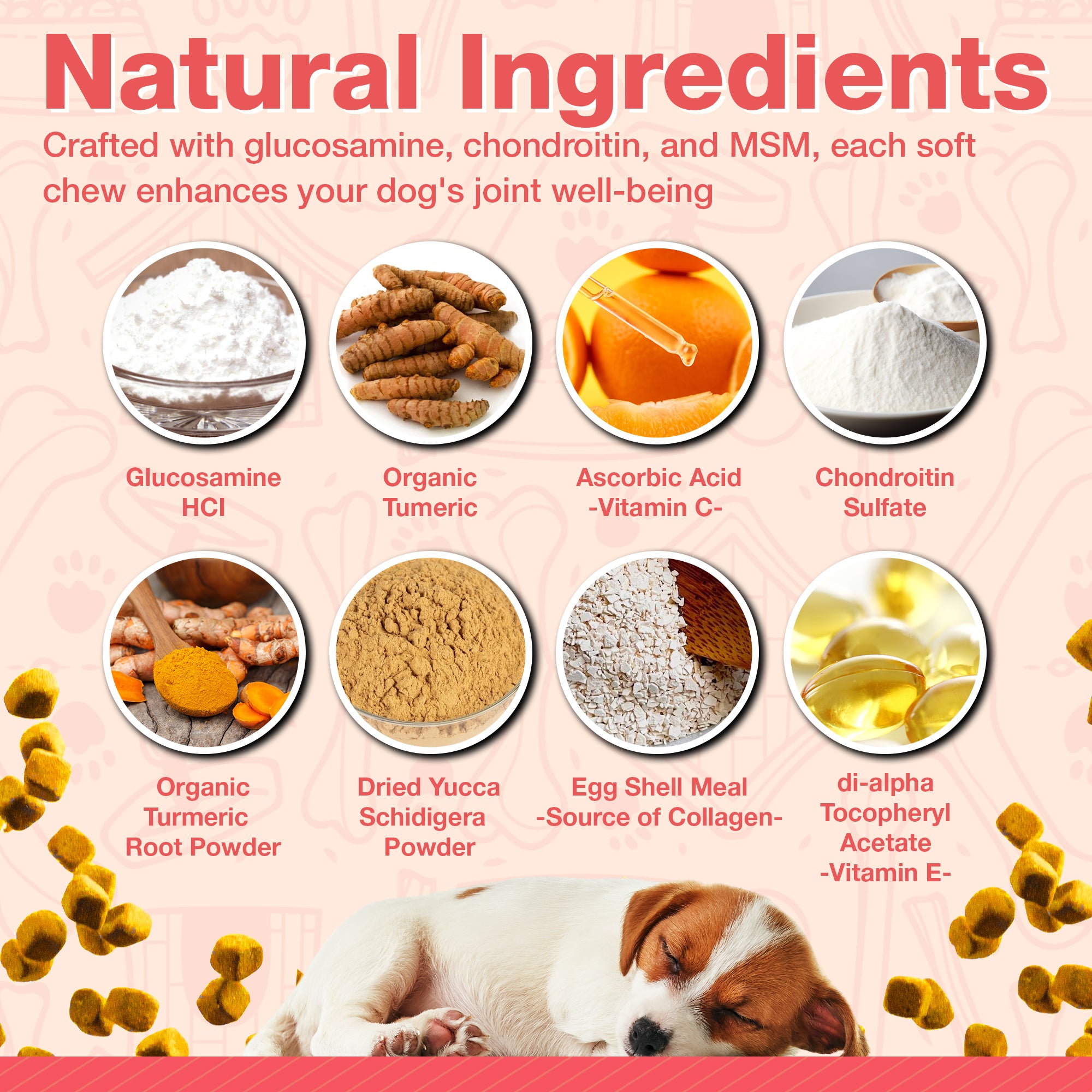 Agile Pup soft chews feature natural ingredients like glucosamine and turmeric for dog hip and joint relief.