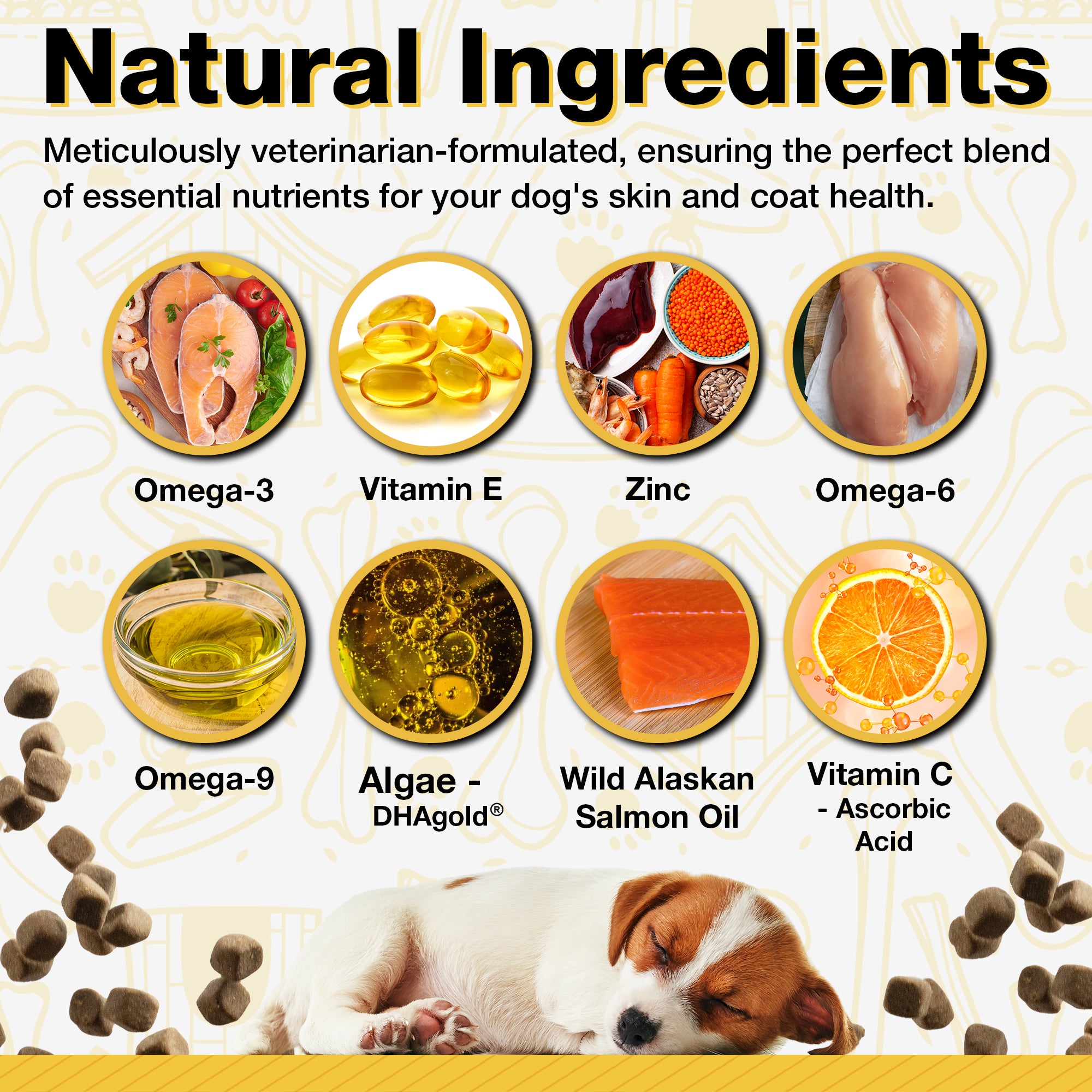 Omega Pup natural ingredients including omega fatty acids, vitamins, zinc, algae, and Wild Alaskan salmon oil for skin and coat health.