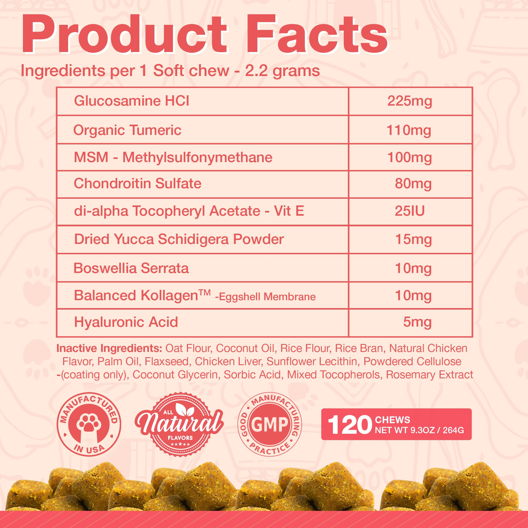 Agile Pup soft chews product facts label showing key joint health ingredients and nutritional details for dogs.