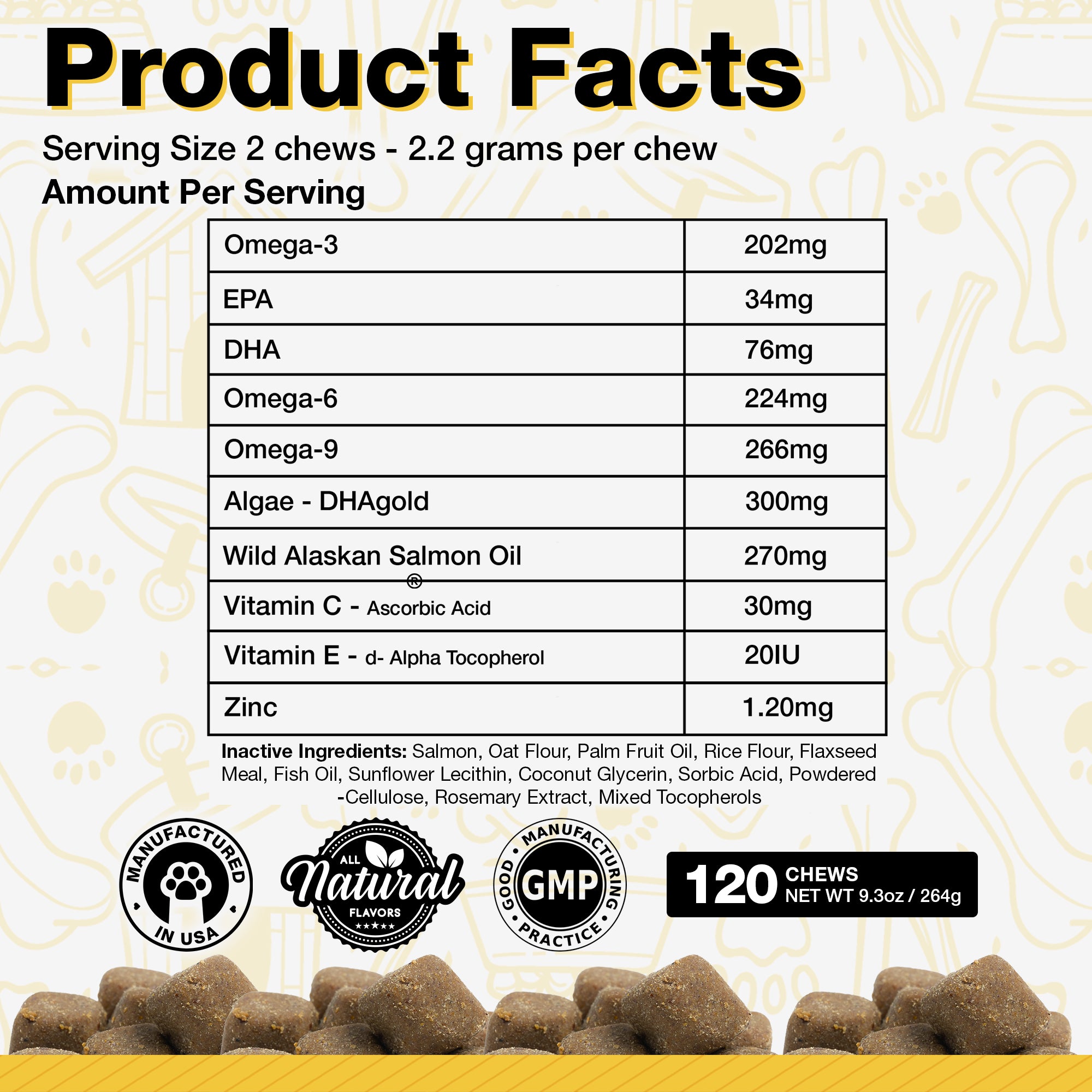 Omega Pup soft chews with omega fatty acids, vitamins, and salmon oil for healthy skin, reduced shedding, and shiny coat.
