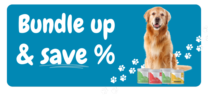 Golden retriever next to Pawlife supplement jars on a transparent banner with the text “Bundle up & save %” in bold white letters on a blue background, surrounded by paw print graphics, promoting dog supplement bundle discounts.