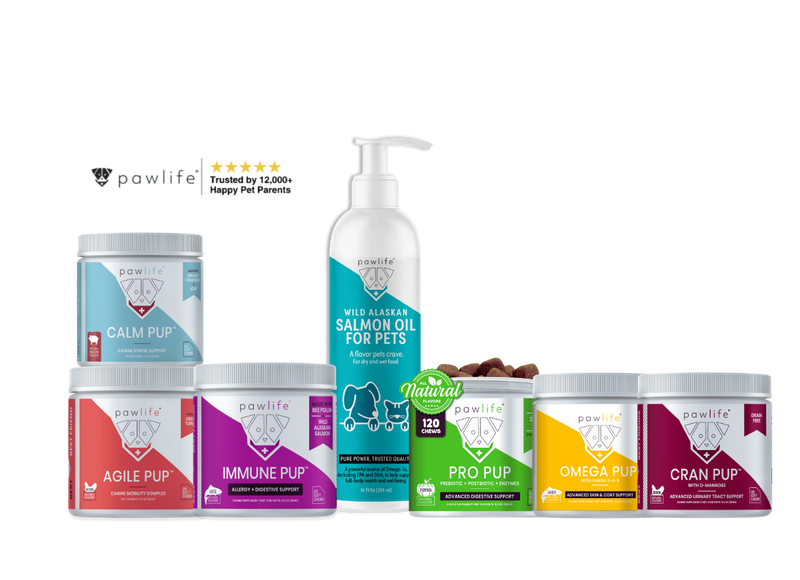 Full Pawlife supplement lineup including Calm Pup, Agile Pup, Immune Pup, Pro Pup, Omega Pup, Cran Pup, and Wild Alaskan Salmon Oil for Pets—premium all-natural dog vitamins made in the USA for digestion, joints, skin, immunity, and overall wellness.