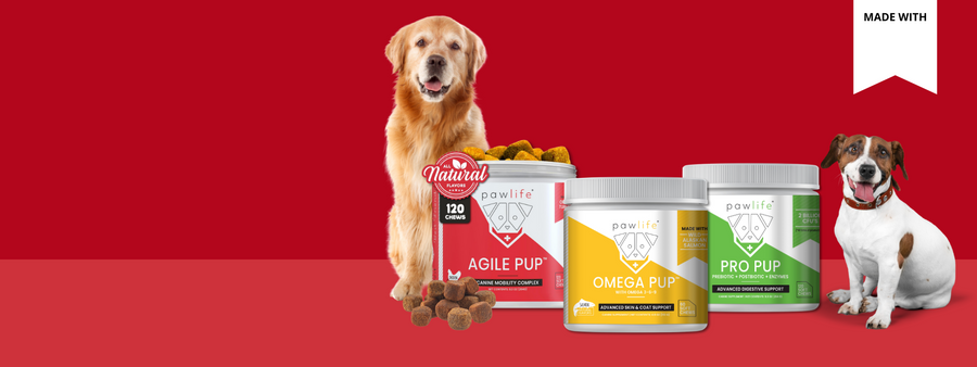 Two dogs with Pro Plan dog food products on a red background, Pawlife promotional banner featuring two dogs with three supplement containers: Agile Pup (red label), Omega Pup (yellow label), and Pro Pup (green label). The background is red, and the containers are surrounded by soft chews. A white banner at the top reads “Made With.