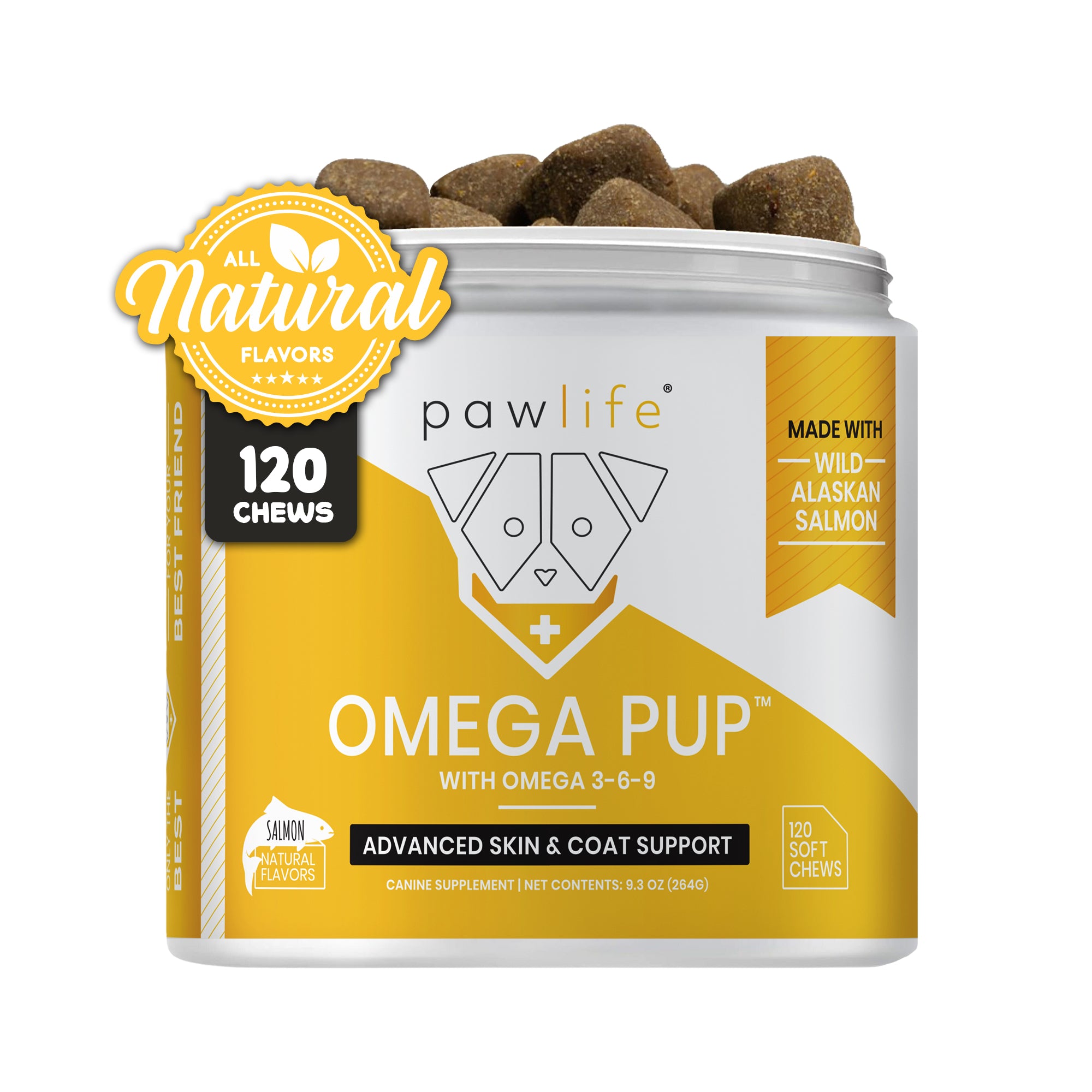Omega Pup Advanced Skin + Coat Support soft chews with omega 3-6-9 and wild Alaskan salmon for dogs