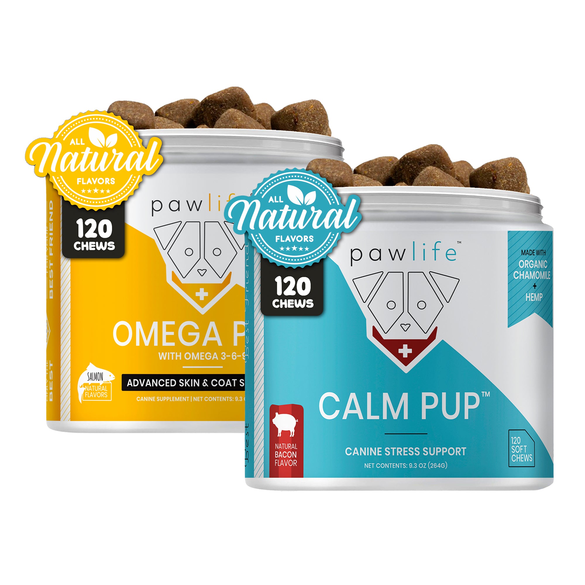 Soothe & Shine Duo – Calming + Skin & Coat Support Pawlife calming and omega chews for anxiety relief and healthy coat.