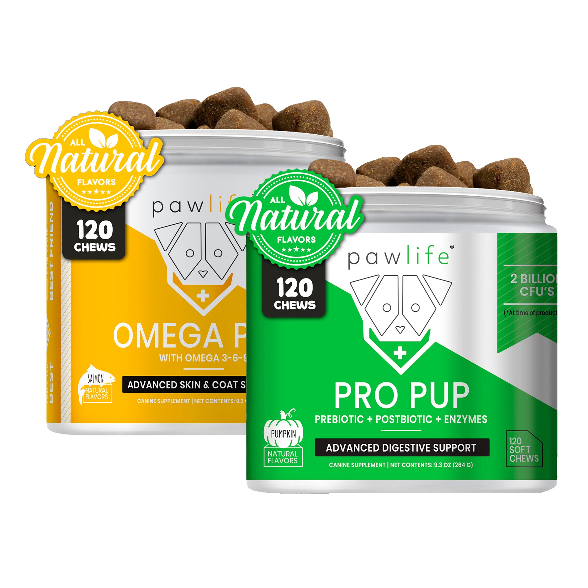 Pawlife Shine & Digest Duo with Omega Pup and Pro Pup chews for skin, coat, and digestive health in dogs.