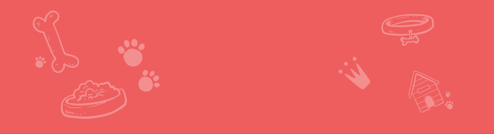 Red background banner with light pink pet-themed icons including a dog bone, paw prints, food bowl, collar with tag, dog house, and a crown, arranged playfully across the image. Ideal for use in pet product promotions, dog treat deals, or animal wellness content.