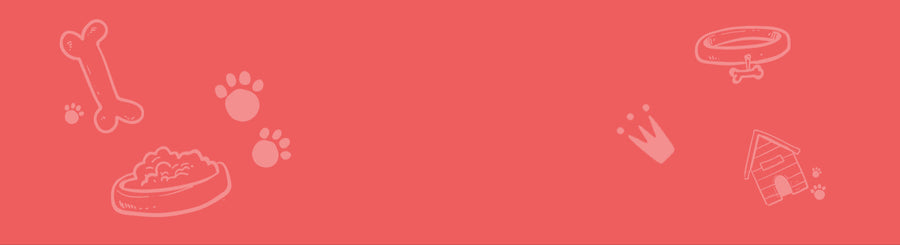 Red background banner with light pink pet-themed icons including a dog bone, paw prints, food bowl, collar with tag, dog house, and a crown, arranged playfully across the image. Ideal for use in pet product promotions, dog treat deals, or animal wellness content.