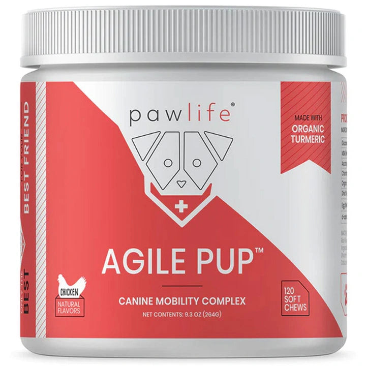 Agile Pup soft chews for dogs to support hip and joint health, mobility, and reduce inflammation.