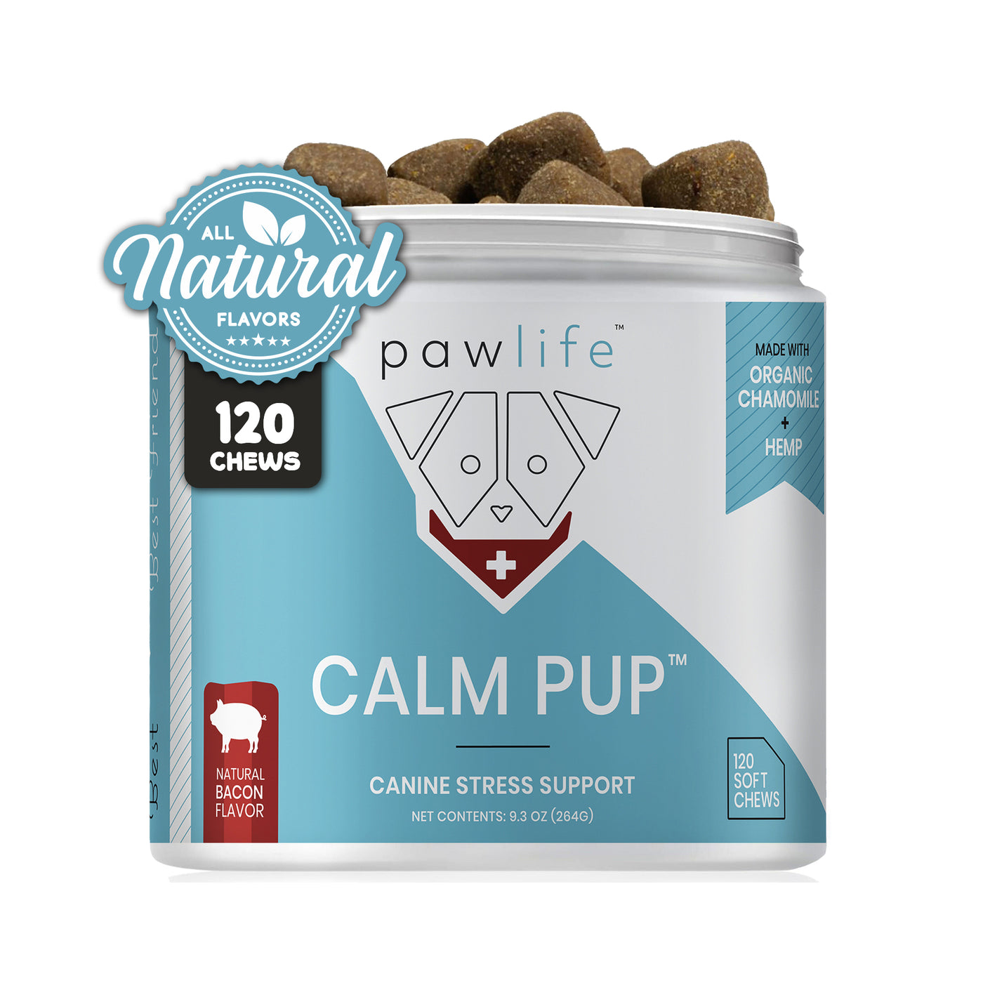 Pawlife Calm Pup dog supplement jar featuring 120 soft chews designed for canine stress support, made with organic chamomile and hemp in a natural bacon flavor. The jar is light blue and white with a dog face logo and open lid showing brown chews., Calm Pup by Pawlife – calming soft chews for dogs made with natural ingredients including organic chamomile and hemp, bacon flavored, grain-free, and shown in a 120-count container with clear wellness-focused packaging design.