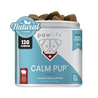 Pawlife Calm Pup dog supplement jar featuring 120 soft chews designed for canine stress support, made with organic chamomile and hemp in a natural bacon flavor. The jar is light blue and white with a dog face logo and open lid showing brown chews., Calm Pup by Pawlife – calming soft chews for dogs made with natural ingredients including organic chamomile and hemp, bacon flavored, grain-free, and shown in a 120-count container with clear wellness-focused packaging design.