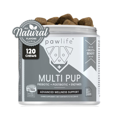 Multi Pup - 5-in-1 Dog Multivitamin container with 120 all-natural soft chews for advanced wellness support.