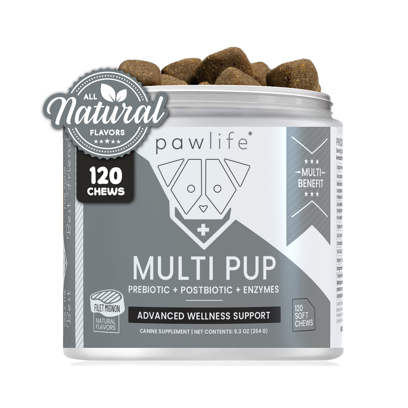 Pawlife Multi Pup advanced wellness support chews for dogs, filet mignon flavored, featuring 120 soft chews per container, formulated with prebiotic, postbiotic, and enzymes for multi-benefit support, made with all-natural flavors and displayed in a gray and white jar with chews visible at the top.