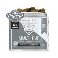 Pawlife Multi Pup advanced wellness support chews for dogs, filet mignon flavored, featuring 120 soft chews per container, formulated with prebiotic, postbiotic, and enzymes for multi-benefit support, made with all-natural flavors and displayed in a gray and white jar with chews visible at the top.