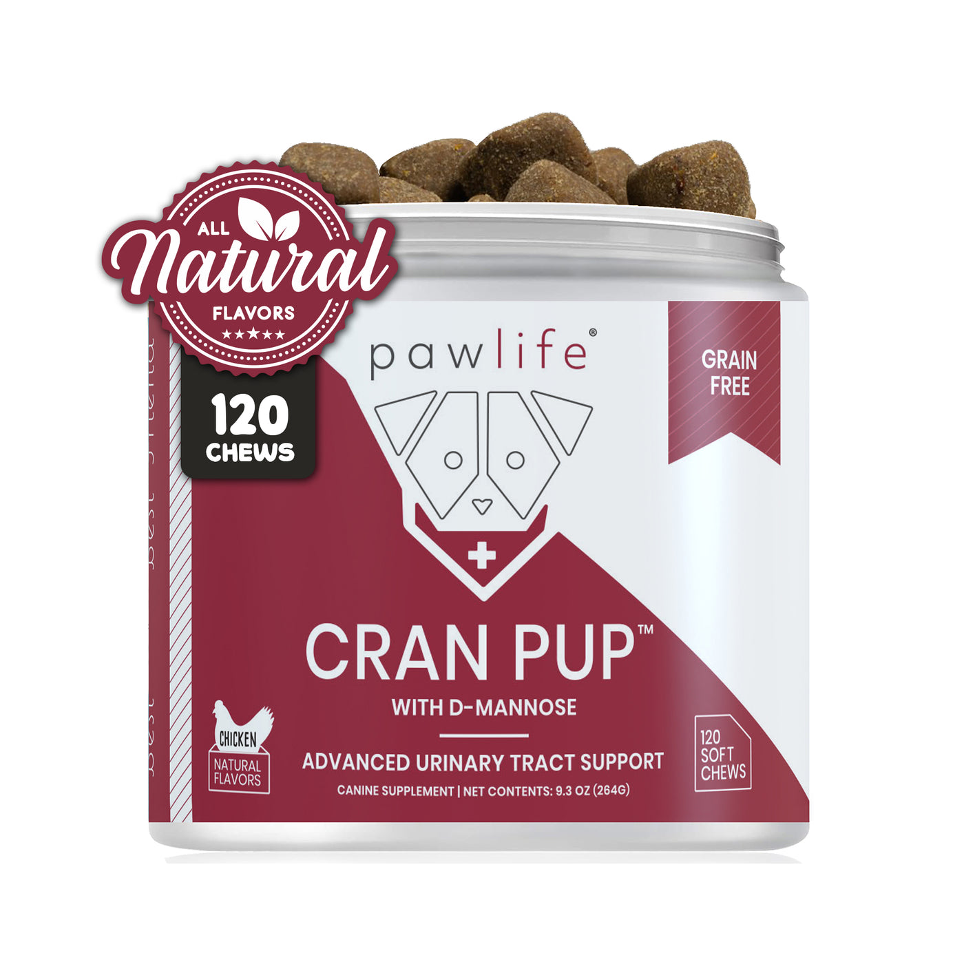 Pawlife Cran Pup jar with 120 soft chews for dogs, formulated with D-Mannose for advanced urinary tract support, grain-free and made with all-natural chicken flavor, ideal for promoting bladder health and reducing the risk of UTIs in dogs, labeled with a red and white design showcasing natural ingredients and veterinarian-approved wellness focus, with lid open showing soft brown supplement chews.