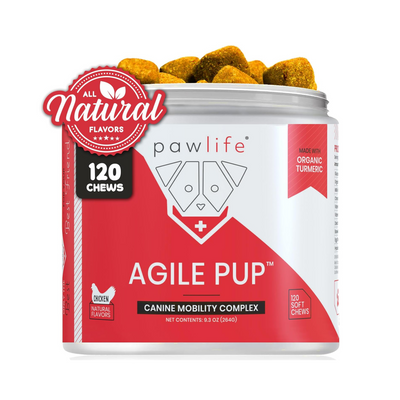 Agile Pup soft chews for dogs with hip and joint pain, supporting mobility and reducing inflammation. Canine Mobility Chews