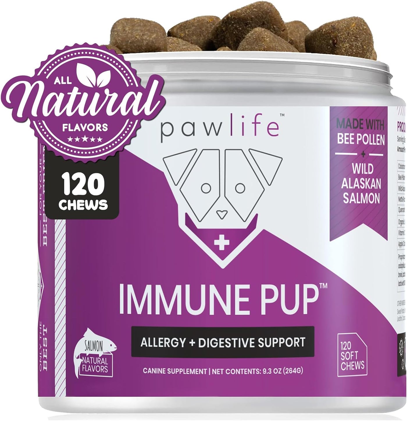 A container of 'Immune Pup' supplement chews for dogs with a label indicating it is for 'Allergy & Digestive Support'. The container is purple and white with images of dogs and salmon, and text stating '120 CHEWS', 'Wild Alaskan Salmon Oil', and 'All Natural Flavors'.