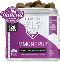 A container of 'Immune Pup' supplement chews for dogs with a label indicating it is for 'Allergy & Digestive Support'. The container is purple and white with images of dogs and salmon, and text stating '120 CHEWS', 'Wild Alaskan Salmon Oil', and 'All Natural Flavors'.