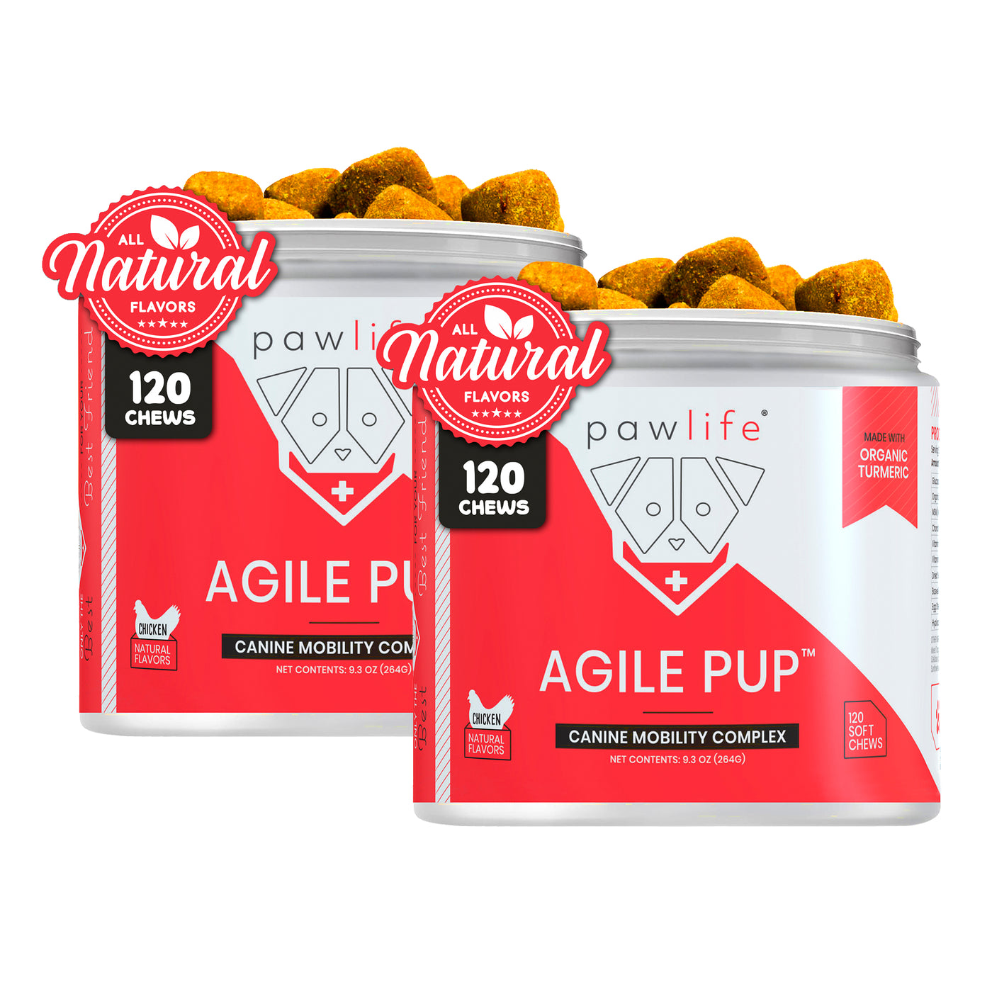 Agile Pup soft chews for dogs' hip and joint support with natural ingredients for improved mobility and pain relief.
