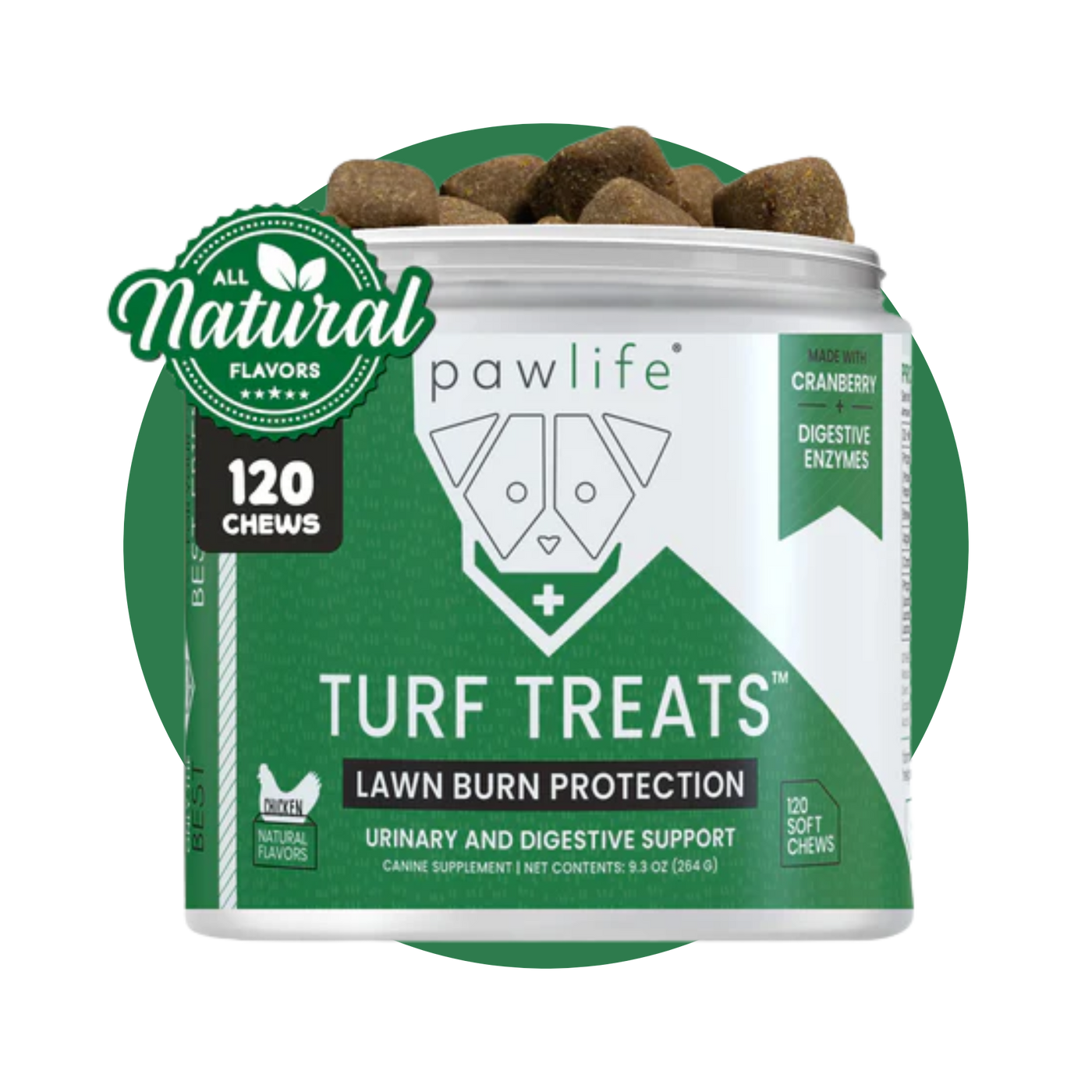 Pawlife Turf Treats container with 120 soft chews for dogs, promoting lawn burn protection, urinary and digestive support; features a green and white design with bold product label, “All Natural Flavors” badge, cranberry and digestive enzyme highlights, and chicken flavor indicator—pet supplement with omega fatty acids, natural ingredients, made for dogs with sensitive digestion and grass-damaging urine.