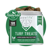 Pawlife Turf Treats container with 120 soft chews for dogs, promoting lawn burn protection, urinary and digestive support; features a green and white design with bold product label, “All Natural Flavors” badge, cranberry and digestive enzyme highlights, and chicken flavor indicator—pet supplement with omega fatty acids, natural ingredients, made for dogs with sensitive digestion and grass-damaging urine.