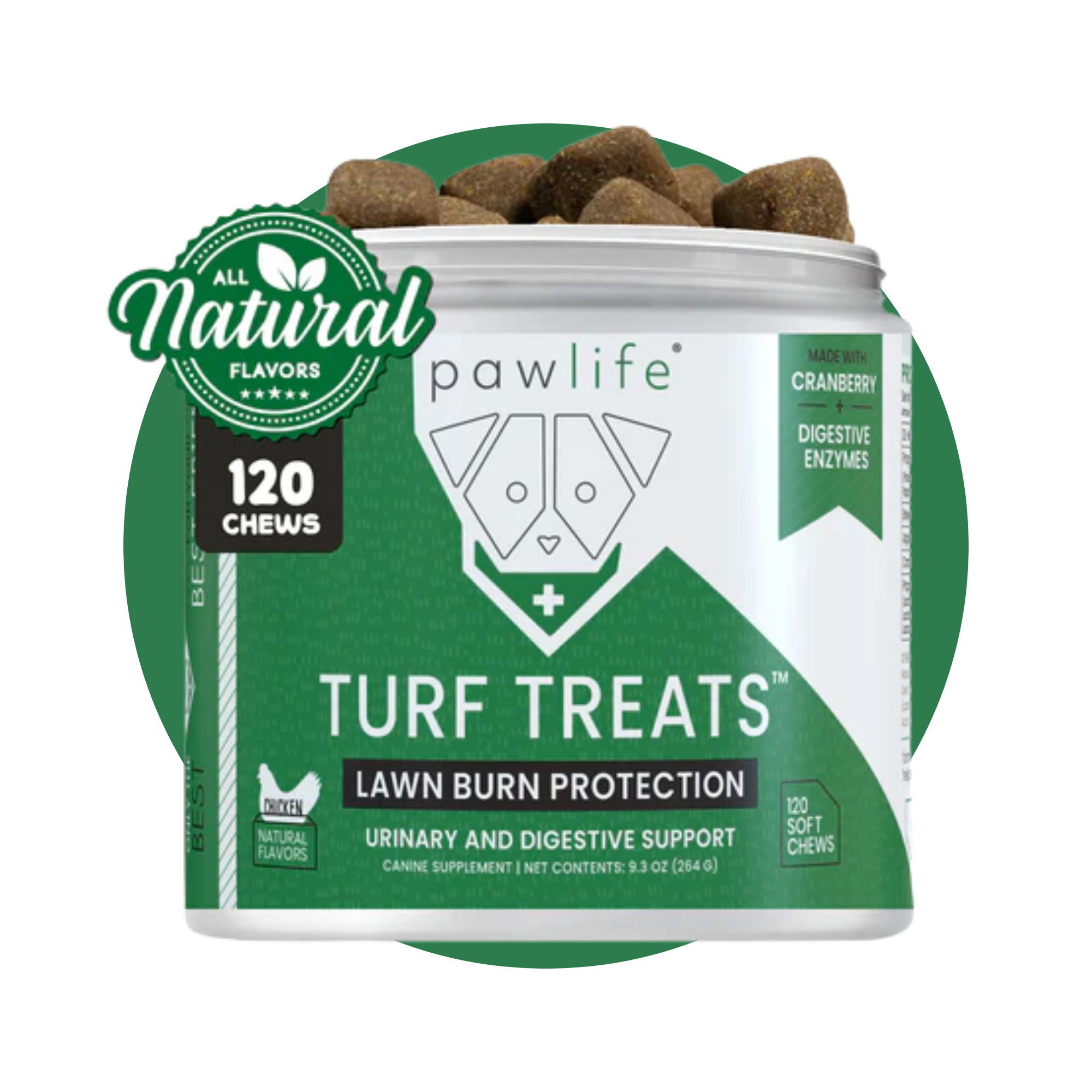 Pawlife Turf Treats container with 120 soft chews for dogs, promoting lawn burn protection, urinary and digestive support; features a green and white design with bold product label, “All Natural Flavors” badge, cranberry and digestive enzyme highlights, and chicken flavor indicator—pet supplement with omega fatty acids, natural ingredients, made for dogs with sensitive digestion and grass-damaging urine.
