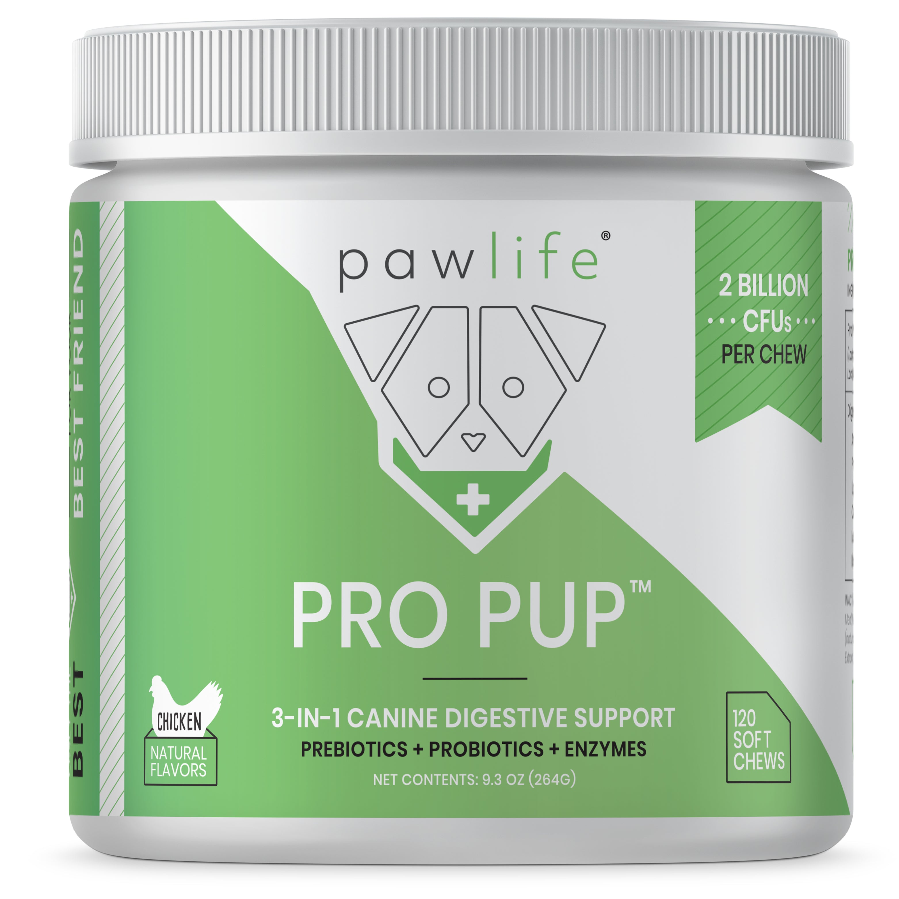 A container of Pawlife Pro Pup, 3-in-1 canine digestive support soft chews, with chicken flavor. The label indicates 2 billion CFU's per chew and includes prebiotics, probiotics, and enzymes.
