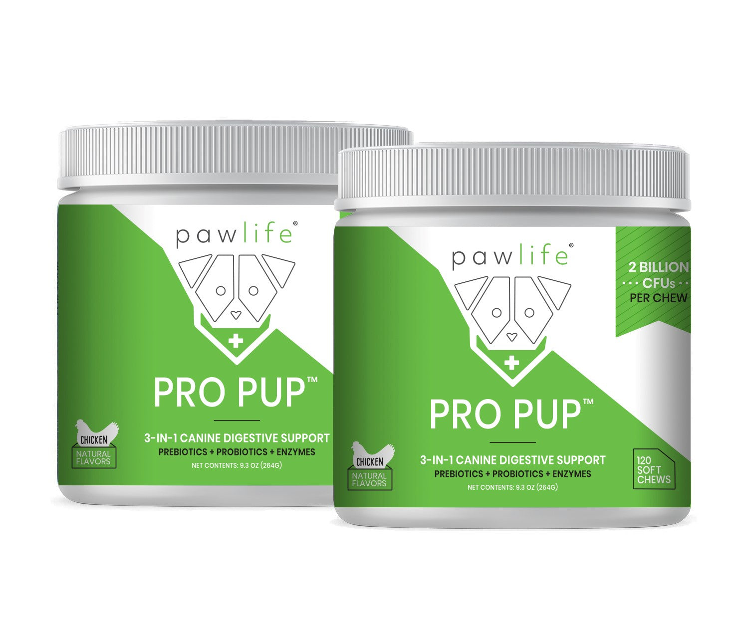 Two containers of Pawlife Pro Pup supplements displayed side by side. Both feature a bright green and white label with the Pawlife logo and branding. The label promotes "3-in-1 Canine Digestive Support" with prebiotics, probiotics, and enzymes, and states the chicken flavor is made with natural ingredients. The front container also highlights “2 Billion CFUs per chew” and includes a “120 Soft Chews” badge on the bottom right corner. Both jars have white, ribbed screw-on lids.