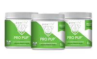 Three containers of Pawlife Pro Pup supplements displayed in a row against a white background. Each jar features a green and white label highlighting “3-in-1 Canine Digestive Support” with prebiotics, probiotics, and enzymes. The front of each container includes the Pawlife logo, “Chicken Natural Flavors,” and a “2 Billion CFUs per chew” badge. Each supplement jar contains 120 soft chews and has a white ribbed screw-on lid.